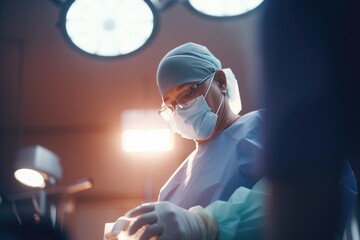 surgeon performing under bright operating lights