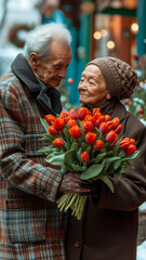 An elderly man gives a bouquet of tulips to his wife, a vertical portrait of an elderly couple in love on a date on Valentine's Day