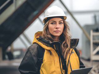 Portrait of woman engineer wearing protective workwear in work.