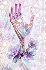 3D render of a holographic hand with orchid flowers. Glowing metallic hand and flowers. artificial hand with flowers. Isolated. Scientific minimalist wallpaper, ecological energy source concept