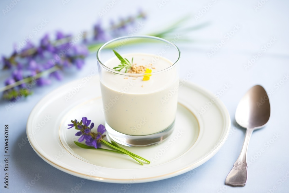 Poster mousse served with a sprig of lavender