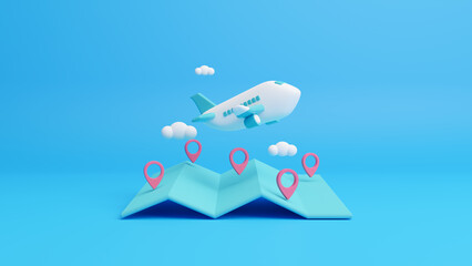 Travel concept. Airplane and time to travel banner. travel around the world. landmarks on the globe. Tourism and planning with flight plane. Creative idea with 3d design. Business concept. 3d render - obrazy, fototapety, plakaty