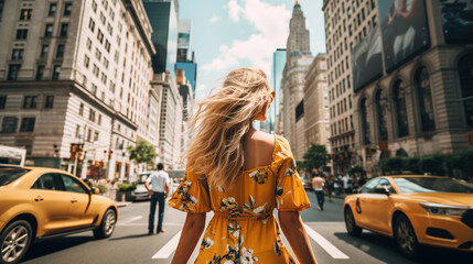 Back view of young woman tourist walking on the street, summer fashion style, travel to Europe - obrazy, fototapety, plakaty