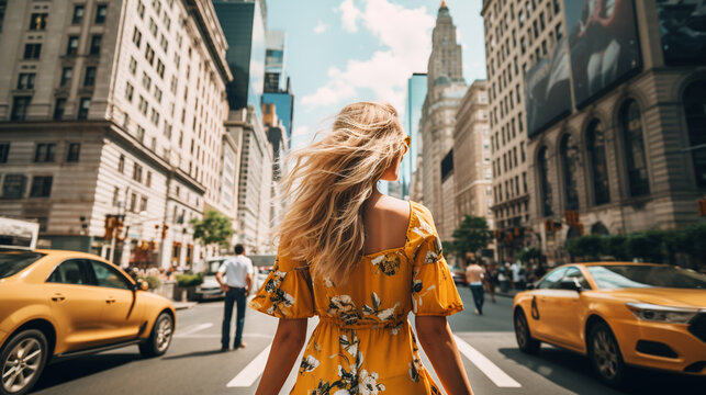 Back View Of Young Woman Tourist Walking On The Street, Summer Fashion Style, Travel To Europe