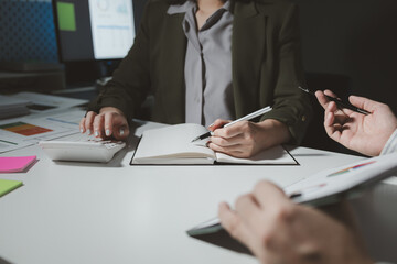 Work together as a team business persons on meeting in the office, colleagues discussing strategy at office, Explaining the report at the meeting, Collaborate to solve problems in the meeting room,