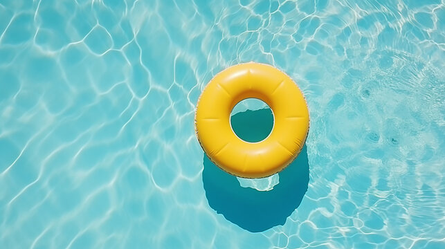 yellow pool float ring floating in a refreshing blue swimming pool. Top view
