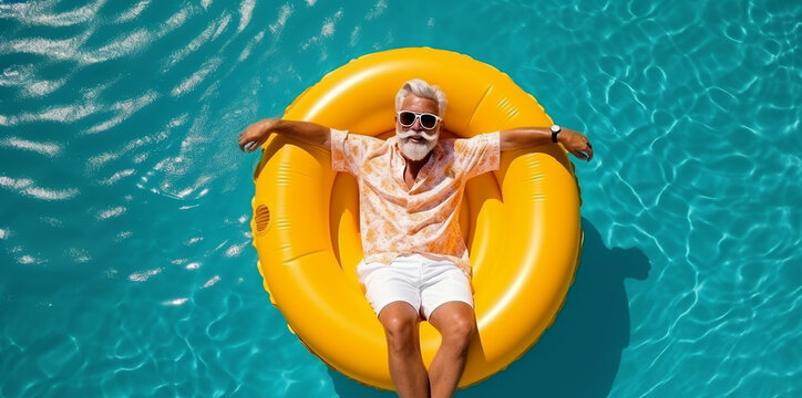 Elderly male with gray haired beard in a stylish hat and sunglasses floating on a bright tube in the swimming pool relaxing on a hot summer day. Senior modern man on blue water background - Powered by Adobe
