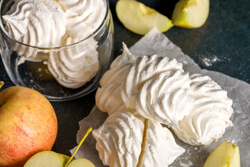 Delicious apple marshmallow. Handmade marshmallows made from applesauce. Dark background