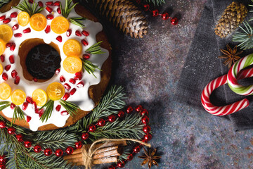 Christmas dessert. Christmas sweets on the festive table. Greeting card. Close up