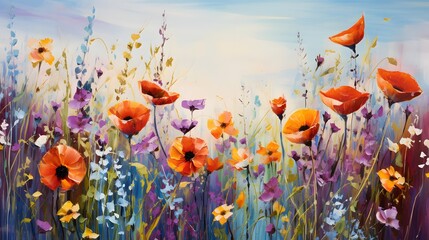 Obraz na płótnie Canvas Poppies and wildflowers on a background of blue sky