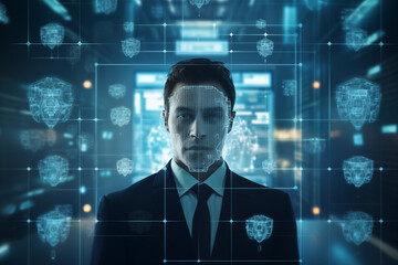 Futuristic facial recognition technology ensuring safety and security.