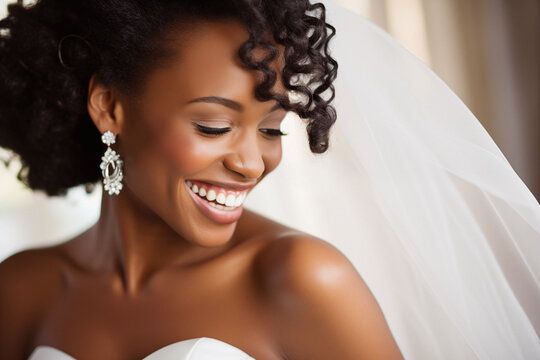 Beautiful Black wedding bride, girl posing and smiling on her wedding day, brazilian bride.