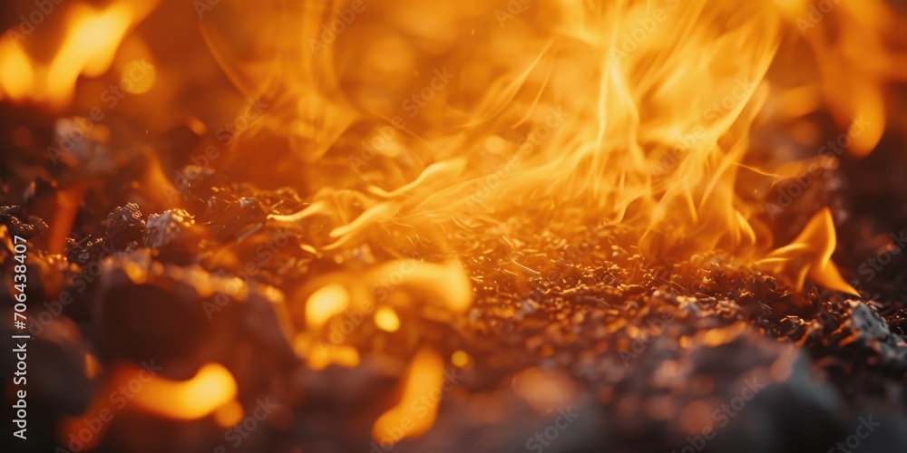 Poster A close-up view of fiery flames in the background. This captivating image can be used to depict concepts such as heat, energy, power, passion, or destruction.