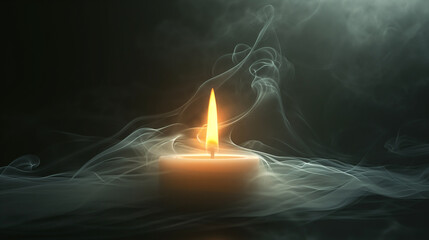 Experience the tranquility of a close up view capturing the soft glow of a candle and smoke against a black background. Ai generated