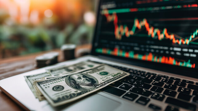 Navigate the financial landscape as dollar bills lay beside a laptop displaying a dynamic stock market chart graph. Ai generated - Powered by Adobe