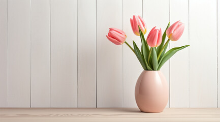 salmon pink  tulips in vase on wooden background