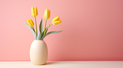 Yellow tulips in vase on wooden background, valentine background
