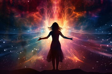 Woman Silhouette at Cosmic Background: Esoteric and Spiritual Life Concept
