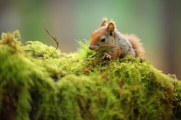 squirrel tucking moss into nest - obrazy, fototapety, plakaty