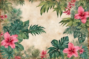 Foto op Plexiglas tropical watercolor leaves and vibrant flowers, space for text, floral note paper, shabby chic style, framework for cards, greetings and invitations © Jan