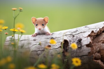 stoat peeking out from a hollow log in a meadow