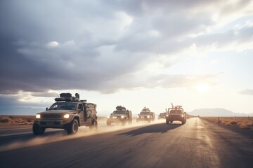 convoy of chase vehicles heading towards dark horizon - obrazy, fototapety, plakaty