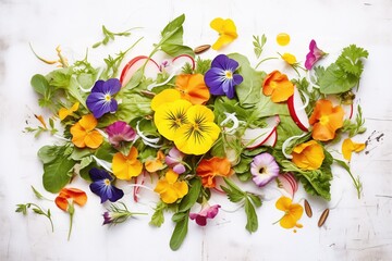 edible flowers garnished on a bed of mixed greens