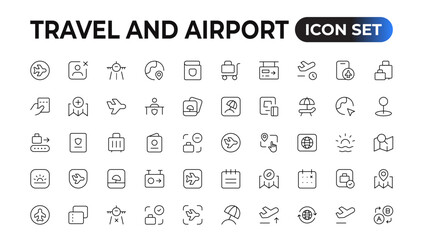 Travel icon set. Summer vacations and holiday symbol vector illustration. Collection of traveling and tourism elements.