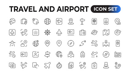 Travel icon set. Summer vacations and holiday symbol vector illustration. Collection of traveling and tourism elements. - obrazy, fototapety, plakaty