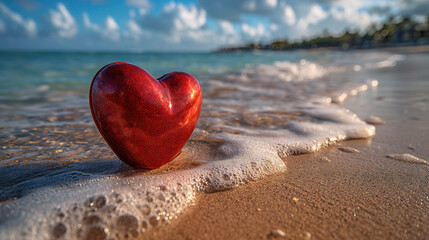 Fototapeta premium Vibrant Red Heart Shape on Sandy Beach