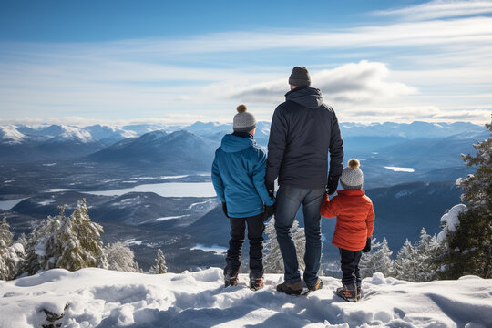 A scenic winter hike to a mountaintop lookout where a family enjoys breathtaking views of snow-covered landscapes and distant peaks