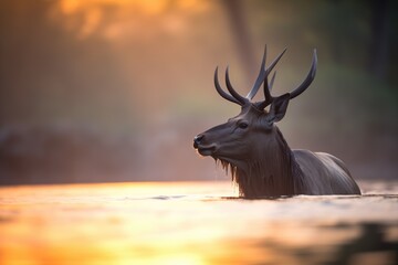 waterbuck silhouette against sunset on river
