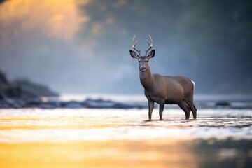 lone waterbuck silhouetted at sunrise by river