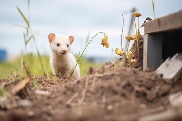 weasel inspecting a recently abandoned burrow - obrazy, fototapety, plakaty
