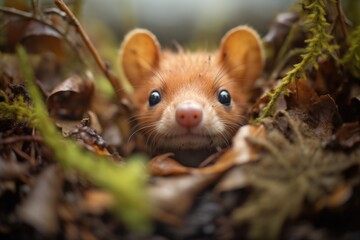 weasel emerging, mouth full, from beneath tree roots - obrazy, fototapety, plakaty