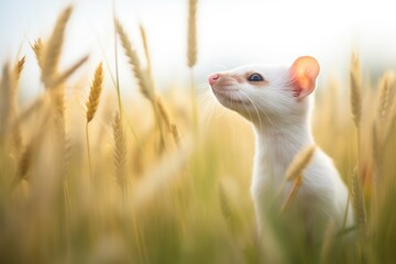 weasel pausing to sniff the air, grass blades surrounding it - obrazy, fototapety, plakaty