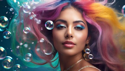 Close up of an model with colorful hair in the style of vogue, bubbles