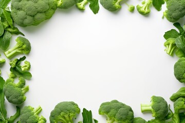 broccoli lies in a circle on a white background. frame for information. flat lay - obrazy, fototapety, plakaty
