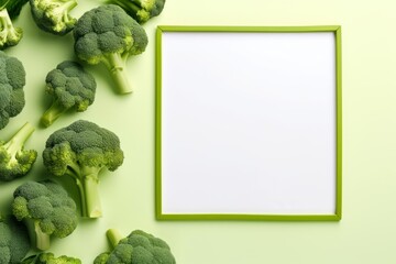 broccoli laid out on a light green background with a frame for text. flate lay