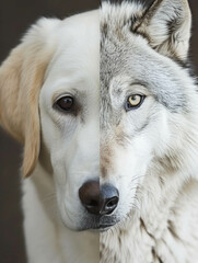 Half White Labrador Dog Face on Left and Half Elderly White Wolf on the Right. Concept to Represent the Evolution of the Wolf and the Ancestors of the Dog