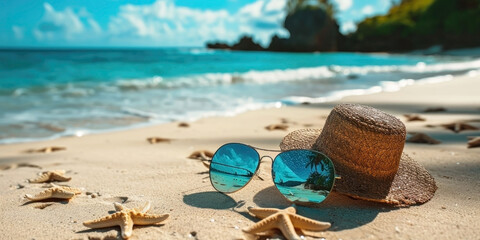 hat and sunglasses on sand beach , summer travel happy holiday Summer Holidays concept ,hat and sea on light by the beach ,