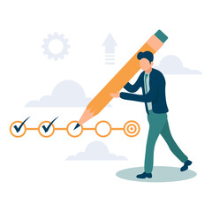 Project tracking, goal tracker, task completion or checklist to remind project progress concept, businessman project manager holding big pencil to check completed tasks in project management timeline