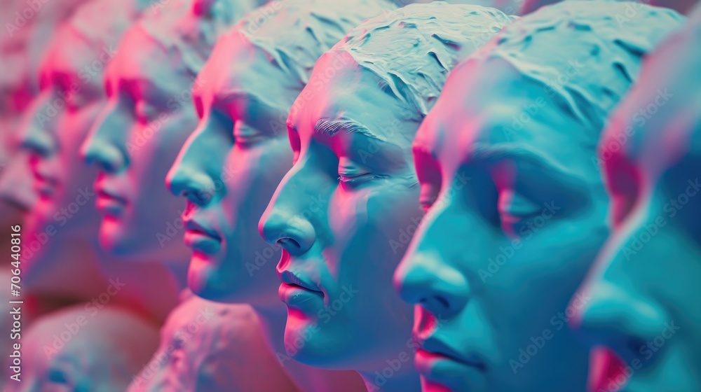Poster A row of statues illuminated with pink lights. Perfect for adding a touch of color and elegance to any space