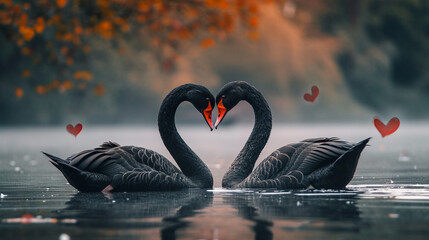 A pair of black swans gracefully form a heart as they glide on the serene lake, their elegant necks and bodies creating a beautiful symbol of love.