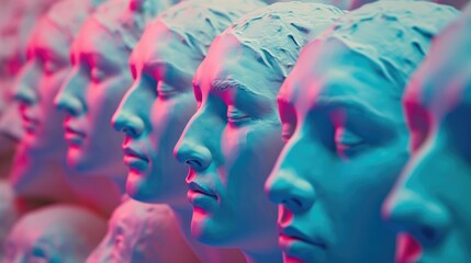A row of statues illuminated with pink lights. Perfect for adding a touch of color and elegance to any space - obrazy, fototapety, plakaty