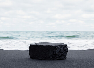 Empty showcase for packaging product presentation. Mock up pedestal sea view with black sand....