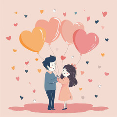 Cute cartoon of venetians day couples on pastel pink background
