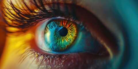 A close-up view of a person's eye with a vibrant rainbow colored iris. This eye image can be used to depict uniqueness, diversity, or creativity in various projects - obrazy, fototapety, plakaty