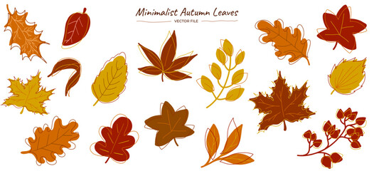 Feuilles d'automne dans un style minimaliste. Fichier vectoriel de feuilles d'automne. Feuilles et plante d'automne minimaliste dans un style minimal année 60-70 - obrazy, fototapety, plakaty