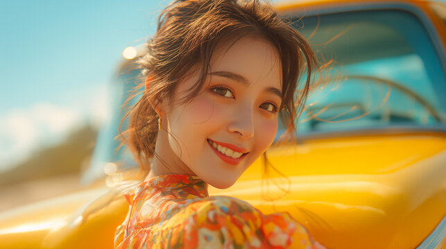 Fototapeta Asian Young Woman Smiling with Vintage Car on Sunny Day, Casual Fashion, Outdoor Lifestyle